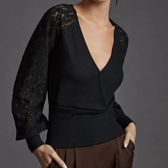 Anthropologie Lace Sleeve V Neck Sweater - Picture 1 of 7